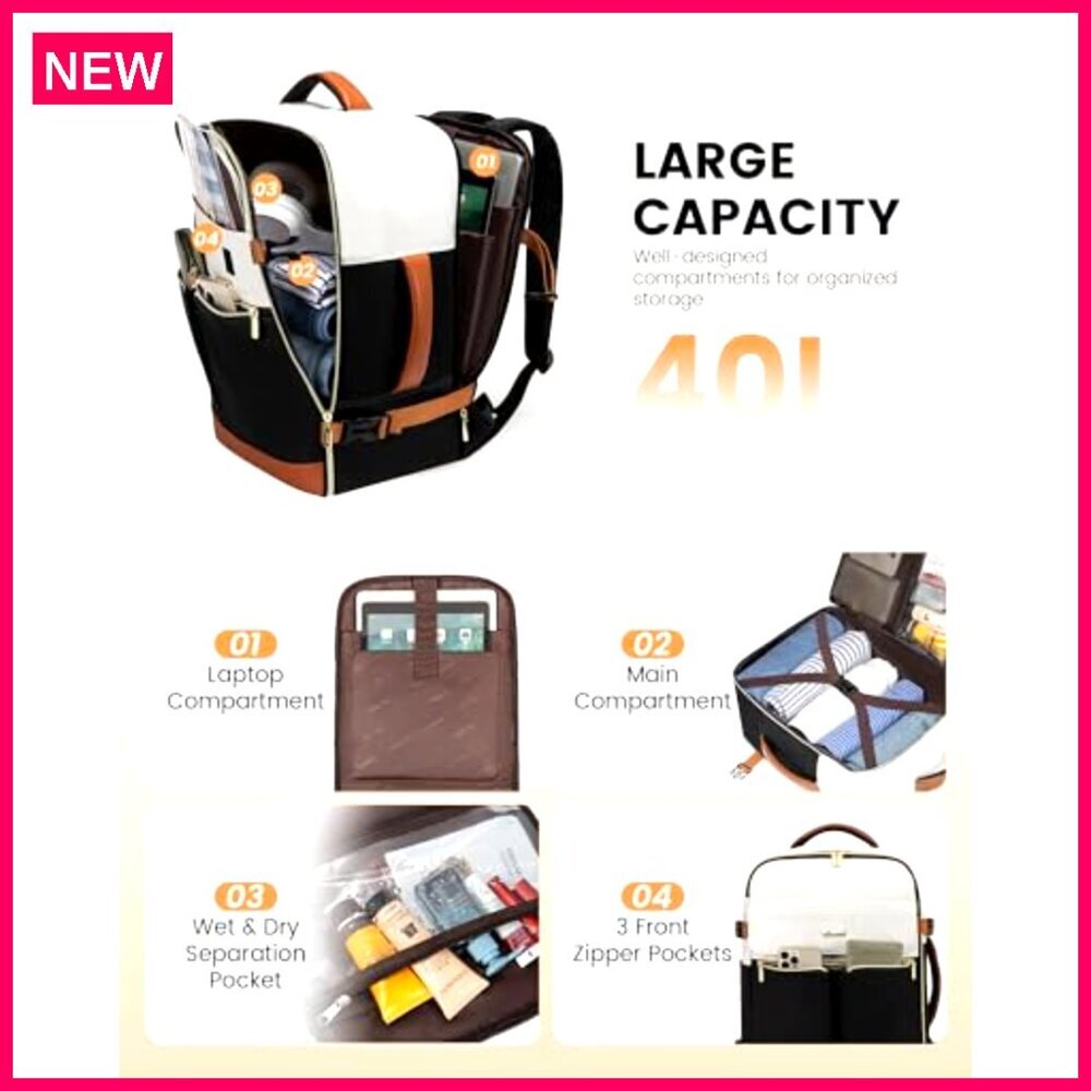 Large 40L Travel Backpack with Laptop Compartment, TSA Approved, Water Resistant - Picture 4 of 7